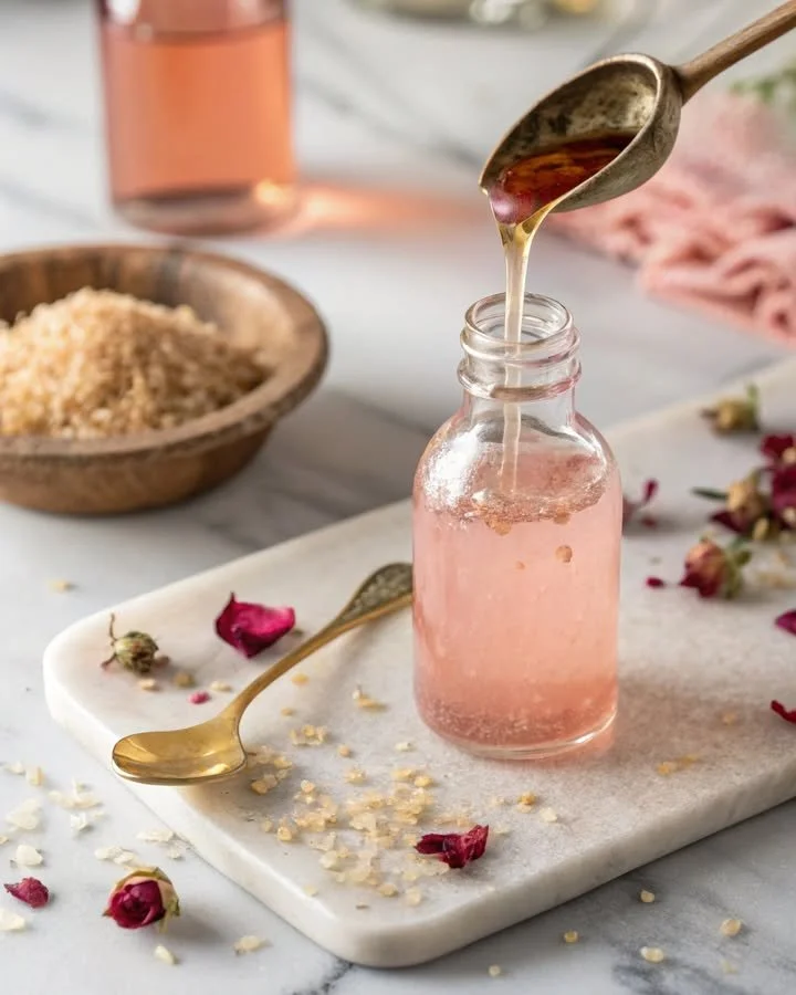 Bottle of homemade rose simple syrup for cocktails and desserts