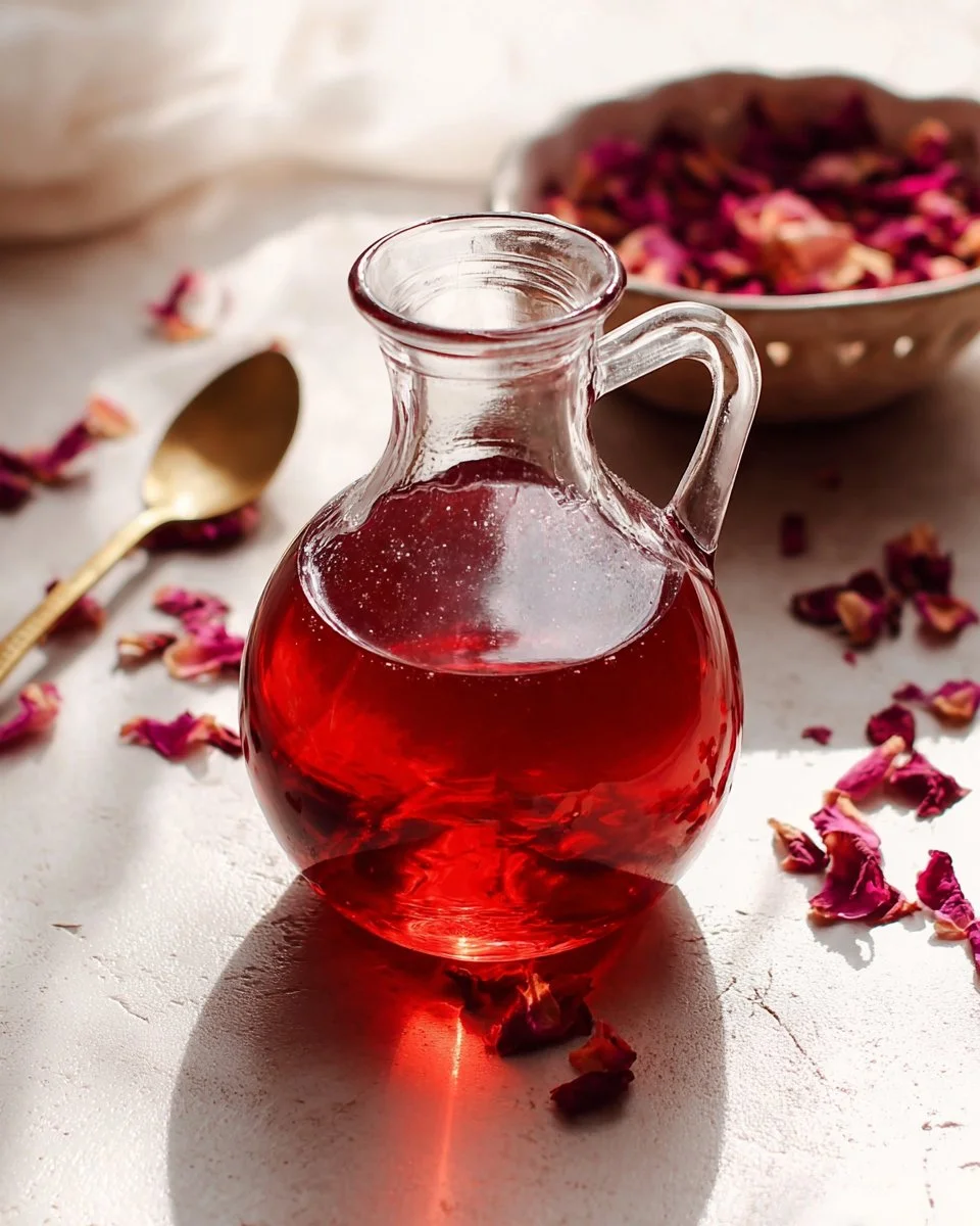 Homemade rose simple syrup in a glass jar with roses