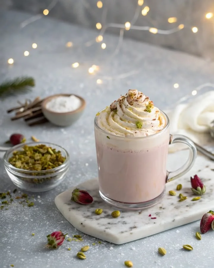 Delicious Rosewater White Hot Chocolate topped with whipped cream
