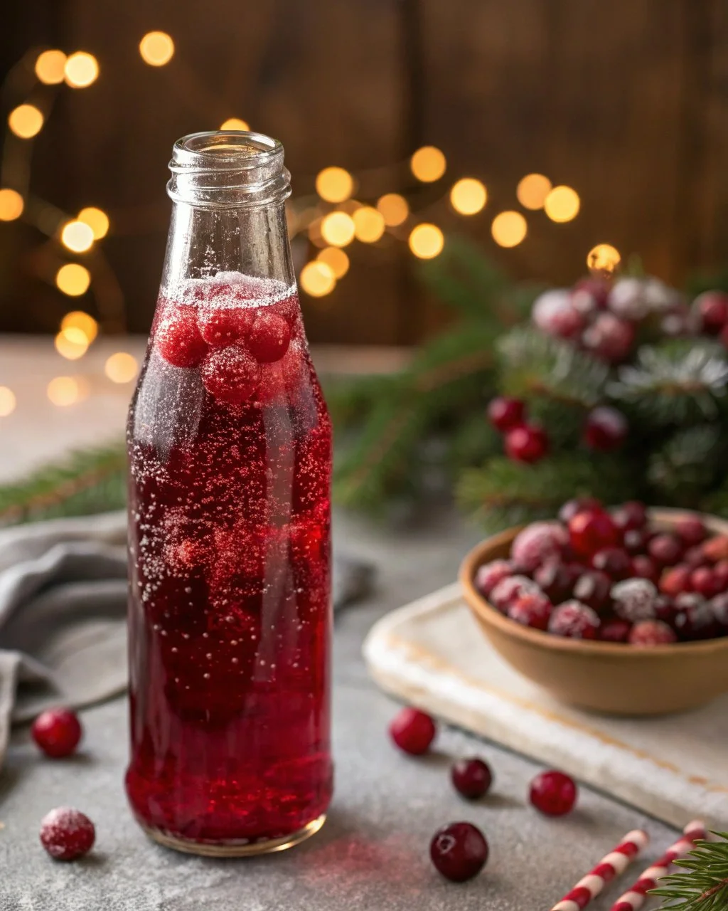 Ruby Holiday Sparkler cocktail garnished with festive decorations