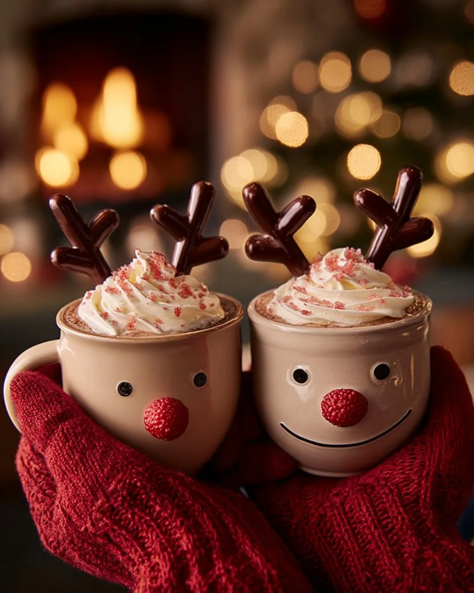 A cup of Rudolph's Hot Chocolate topped with whipped cream and festive sprinkles.
