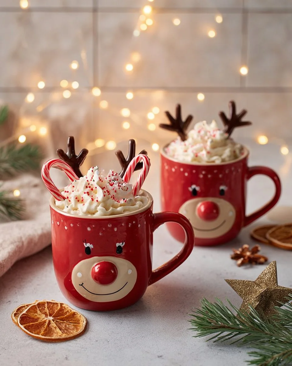 Rudolph's Red Cocoa served in a festive mug, showcasing rich red cocoa color.