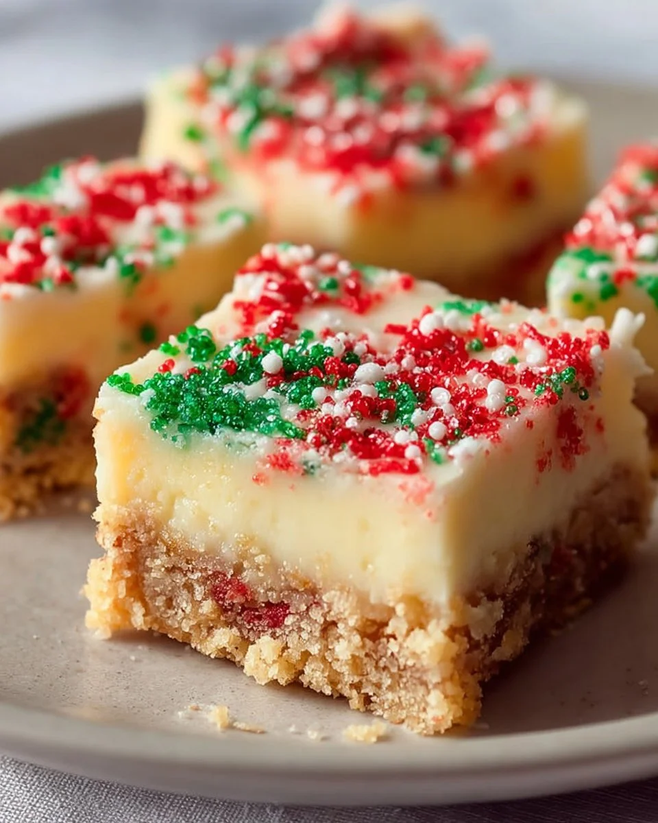 Santa's no-bake sugar cookie bars decorated with festive sprinkles