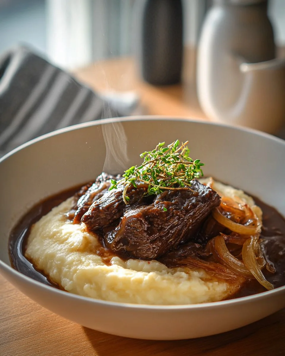 Delicious French onion pot roast served with onions and herbs
