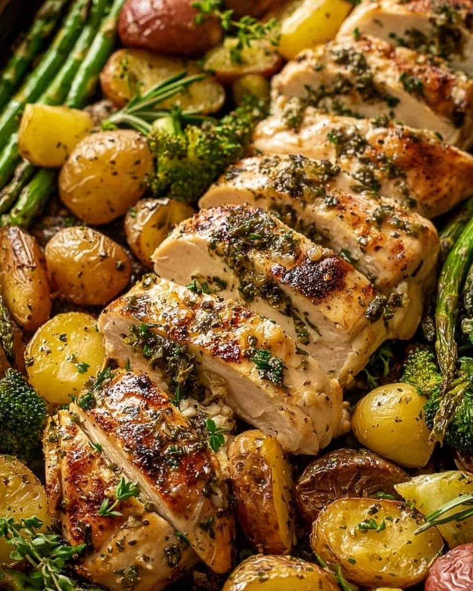 Sheet pan garlic butter chicken with mixed vegetables ready to serve.