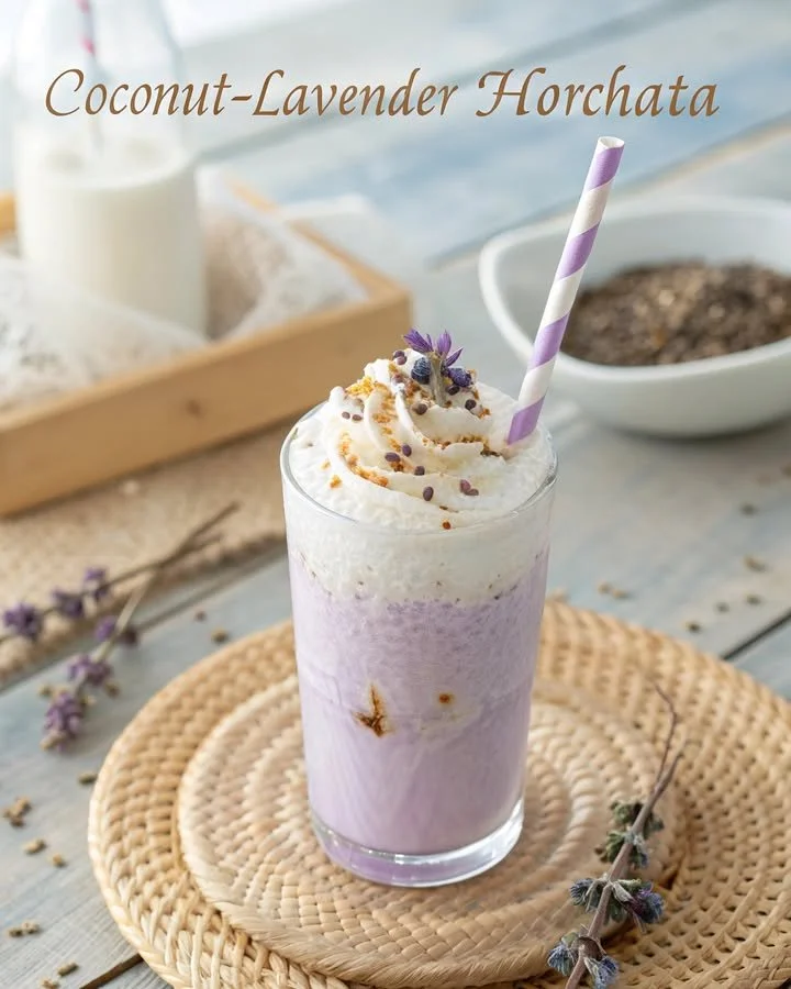 Silky rice-coconut horchata served in a glass with a sprinkle of cinnamon