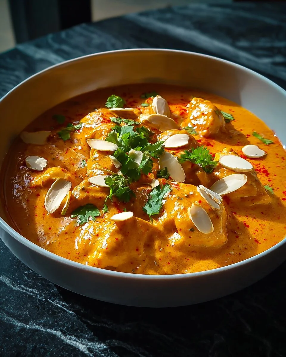 Delicious slow cooker chicken korma with spices and herbs served in a bowl.