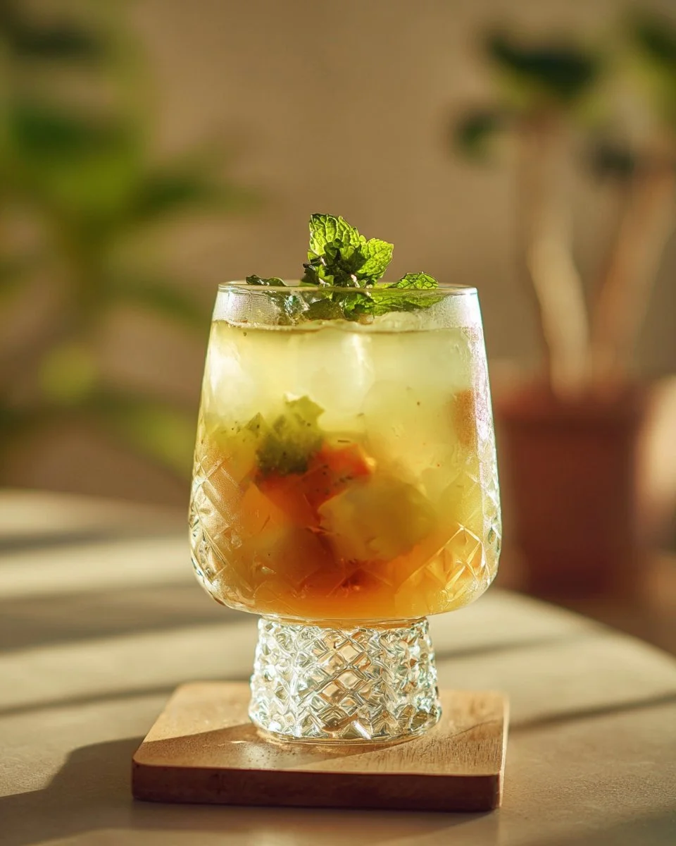 Smashed Lemon Mint Iced Tea Sprite Soda in a glass with fresh mint and lemon slices