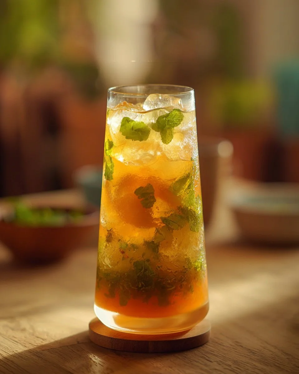 Refreshing smashed mango mint soda served in a glass with mint leaves.