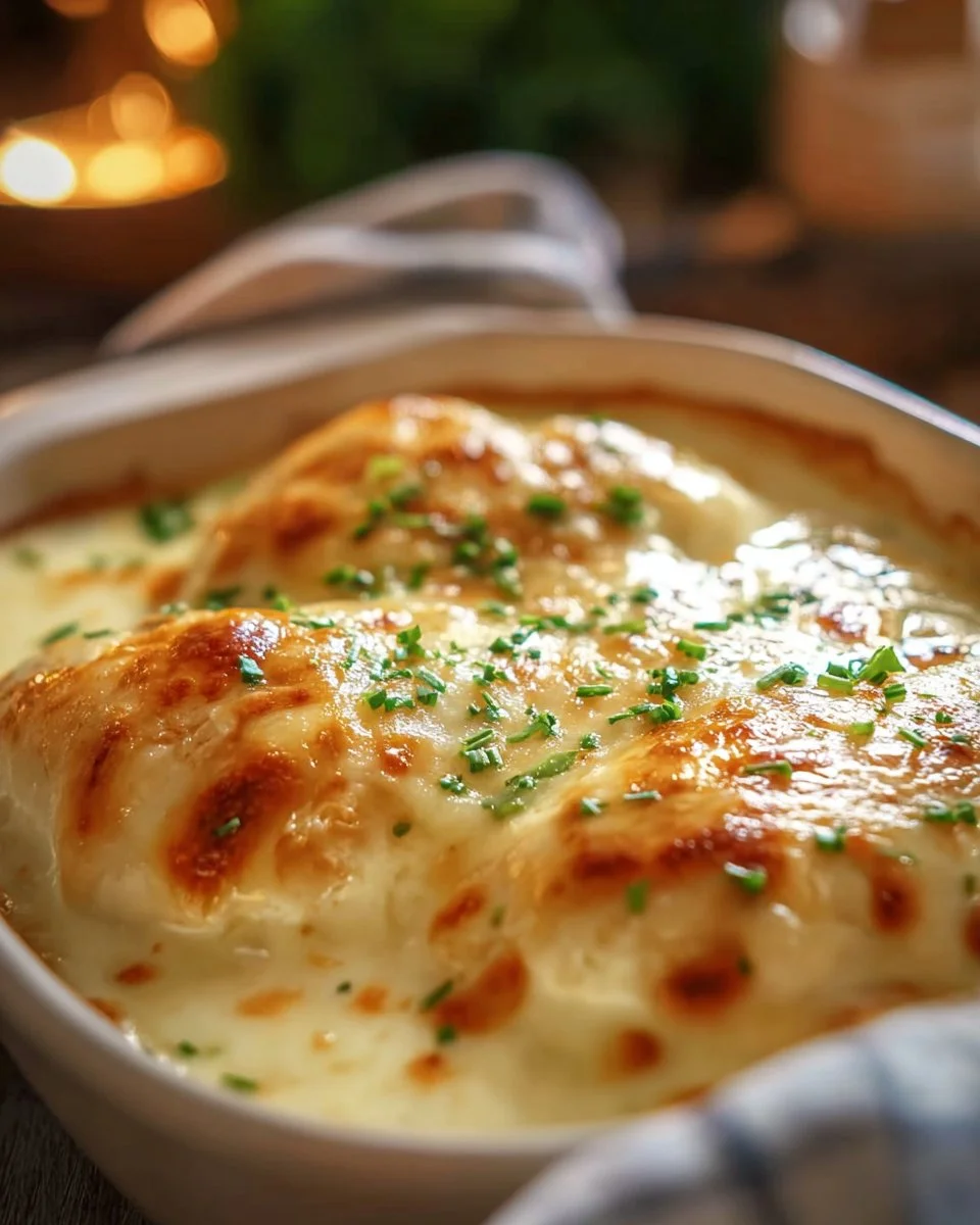 Smothered cheesy sour cream chicken dish served on a plate