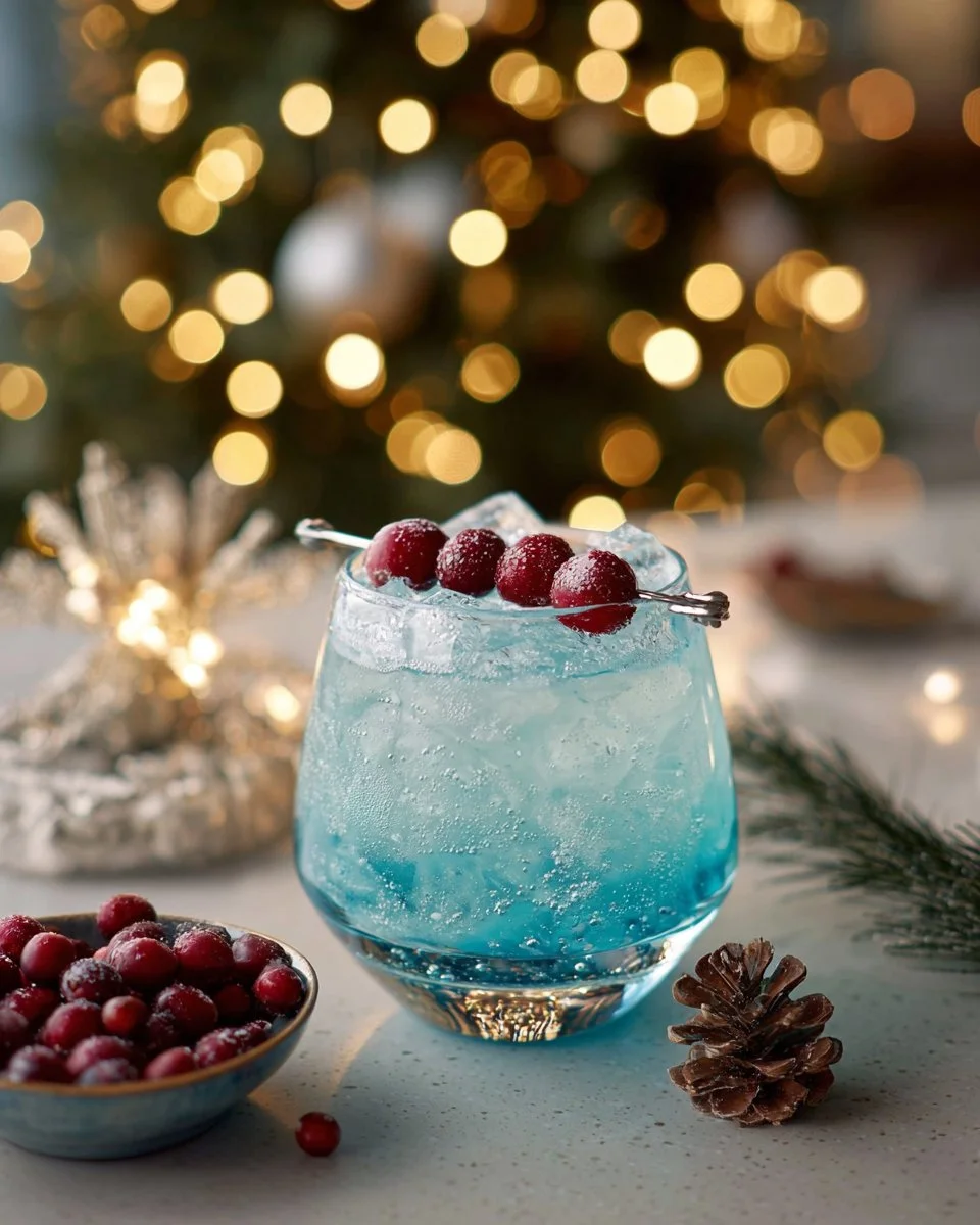 Snow Queen Mocktail served in a frosty glass with winter-themed decorations.