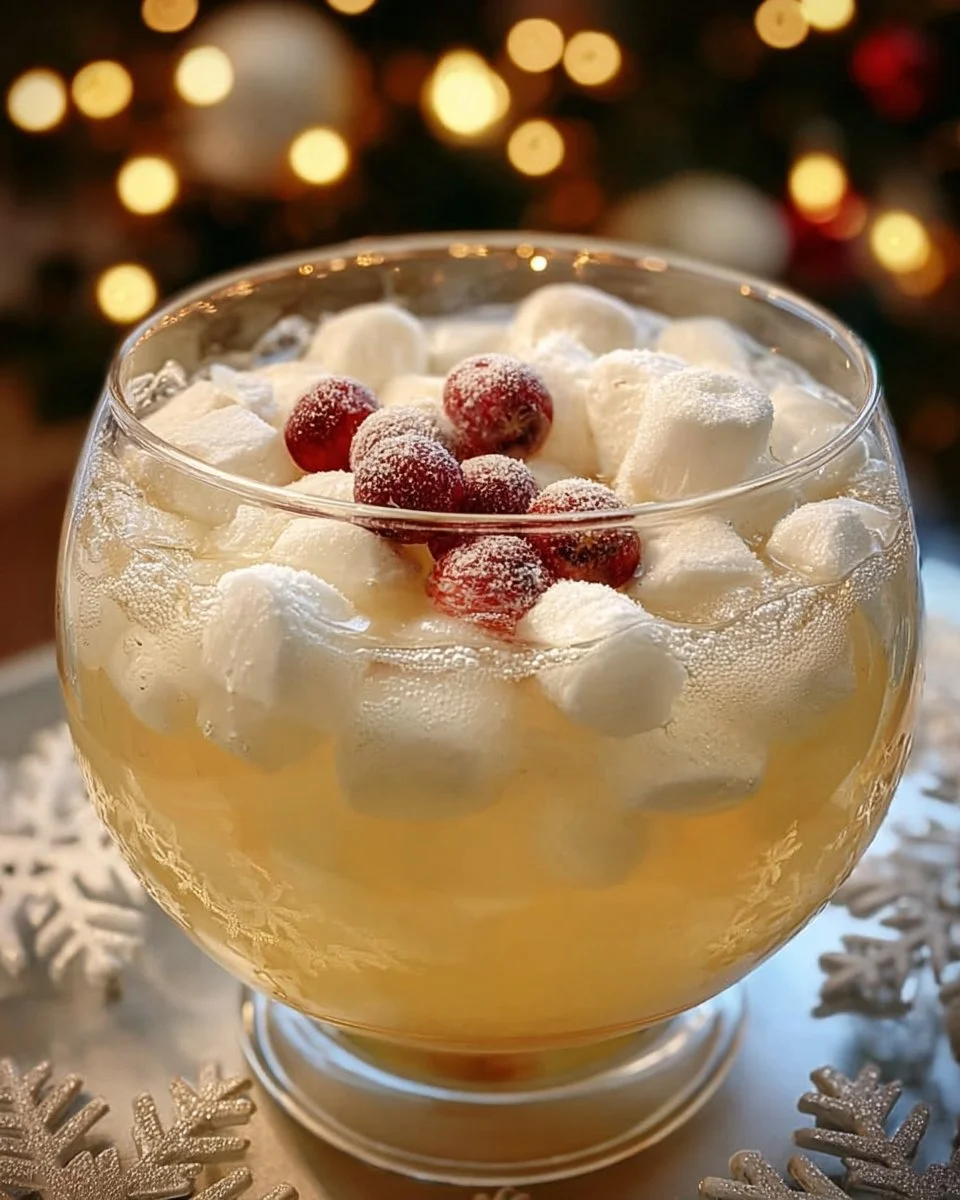 Snowfall White Christmas Punch in a festive glass with holiday decorations