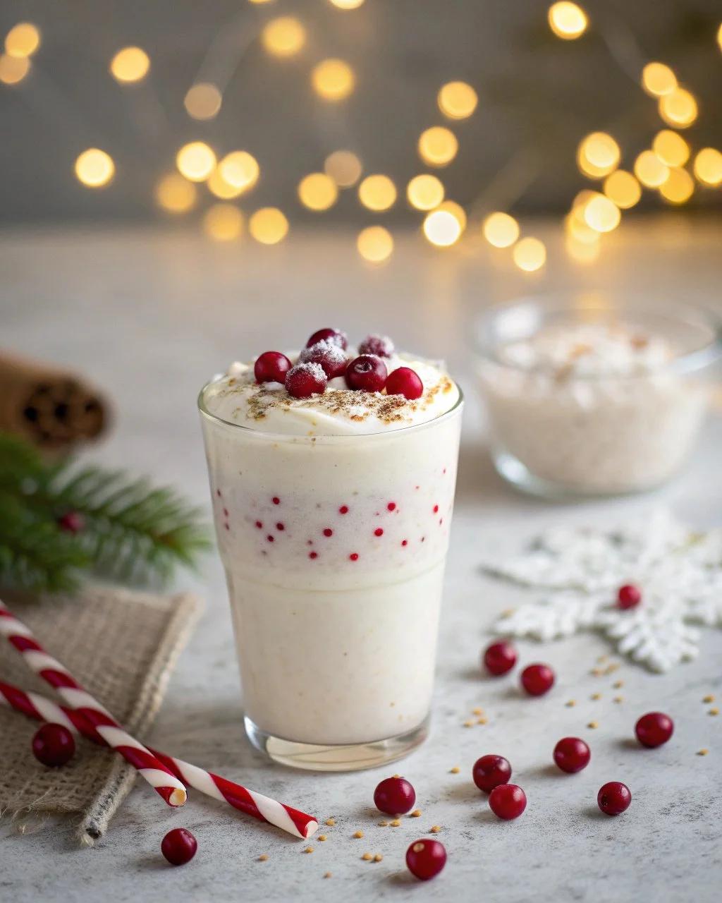 Snowfall White Christmas Punch in a glass with holiday decorations
