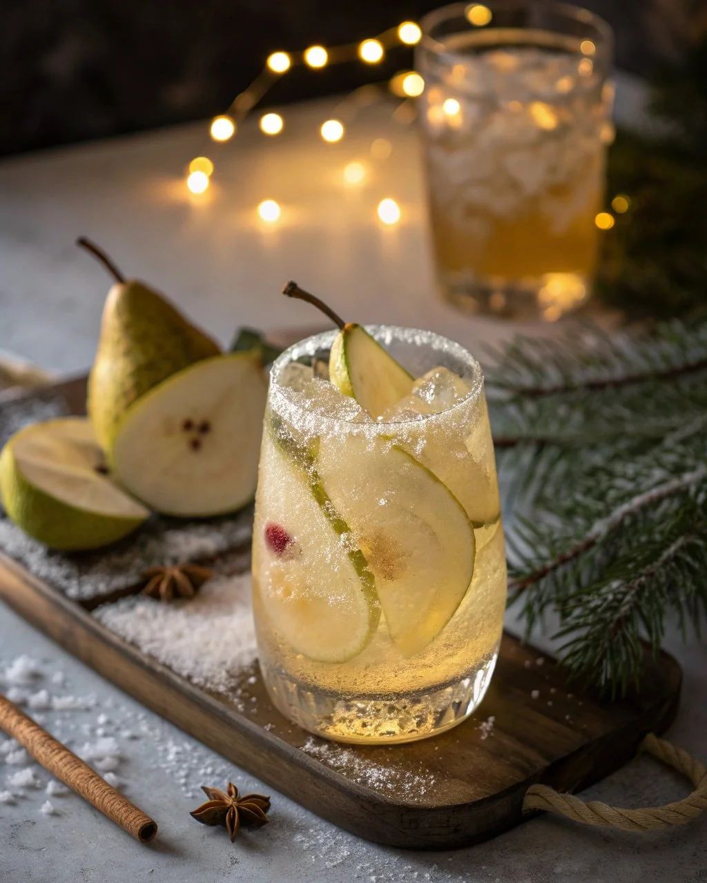 Sparkling Winter Orchard Soda in a glass with ice and seasonal fruits