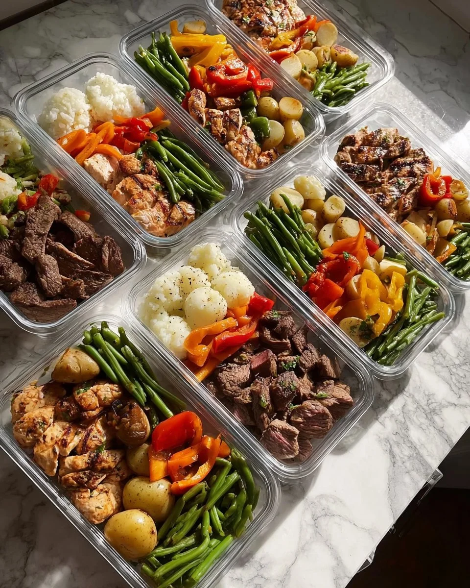 Steak and veggie meal prep in meal containers for healthy eating