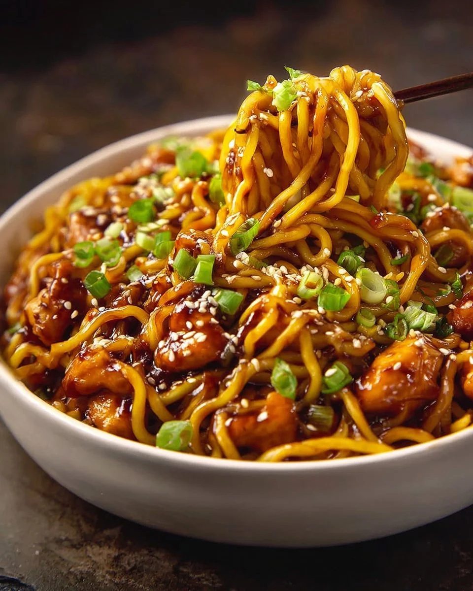 Delicious Sticky Garlic Chicken Noodles served in a bowl