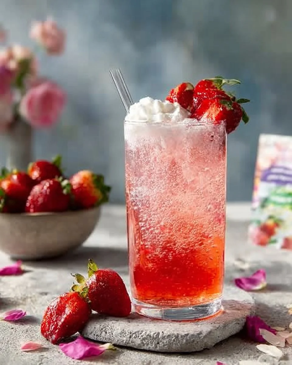 A refreshing Strawberry Rose Fizz cocktail garnished with fresh strawberries and rose petals.