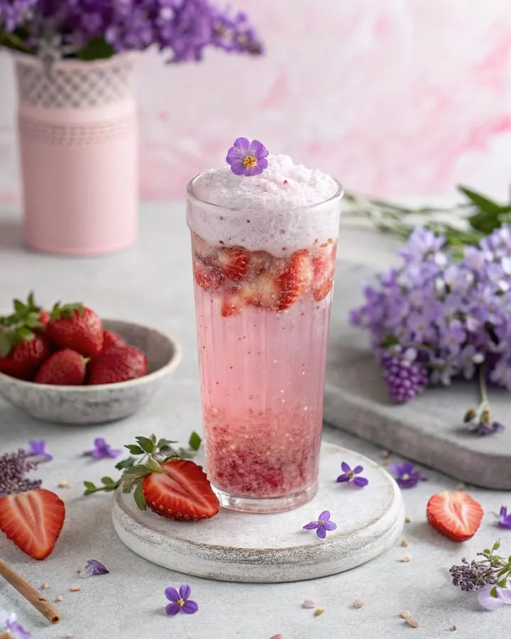 Strawberry-Violet Cold-Foam Tea in a glass with whipped cold foam topping