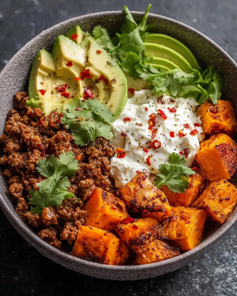 Colorful Sweet Potato Taco Bowl with toppings and avocado slices