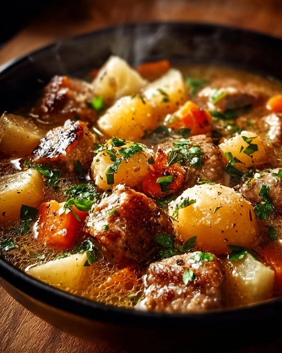 A traditional bowl of Dublin Coddle with sausages and potatoes