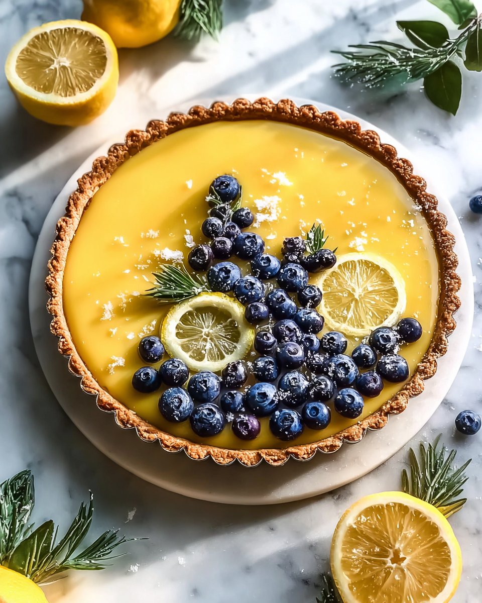 Vegan Lemon Coconut Tart with Biscoff Cookie Crust & Fresh Blueberry Garnish