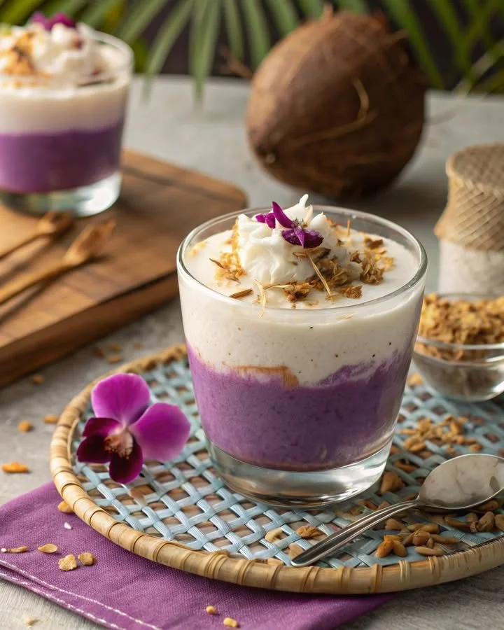 Delicious ube latte topped with whipped cream and purple ube flakes.