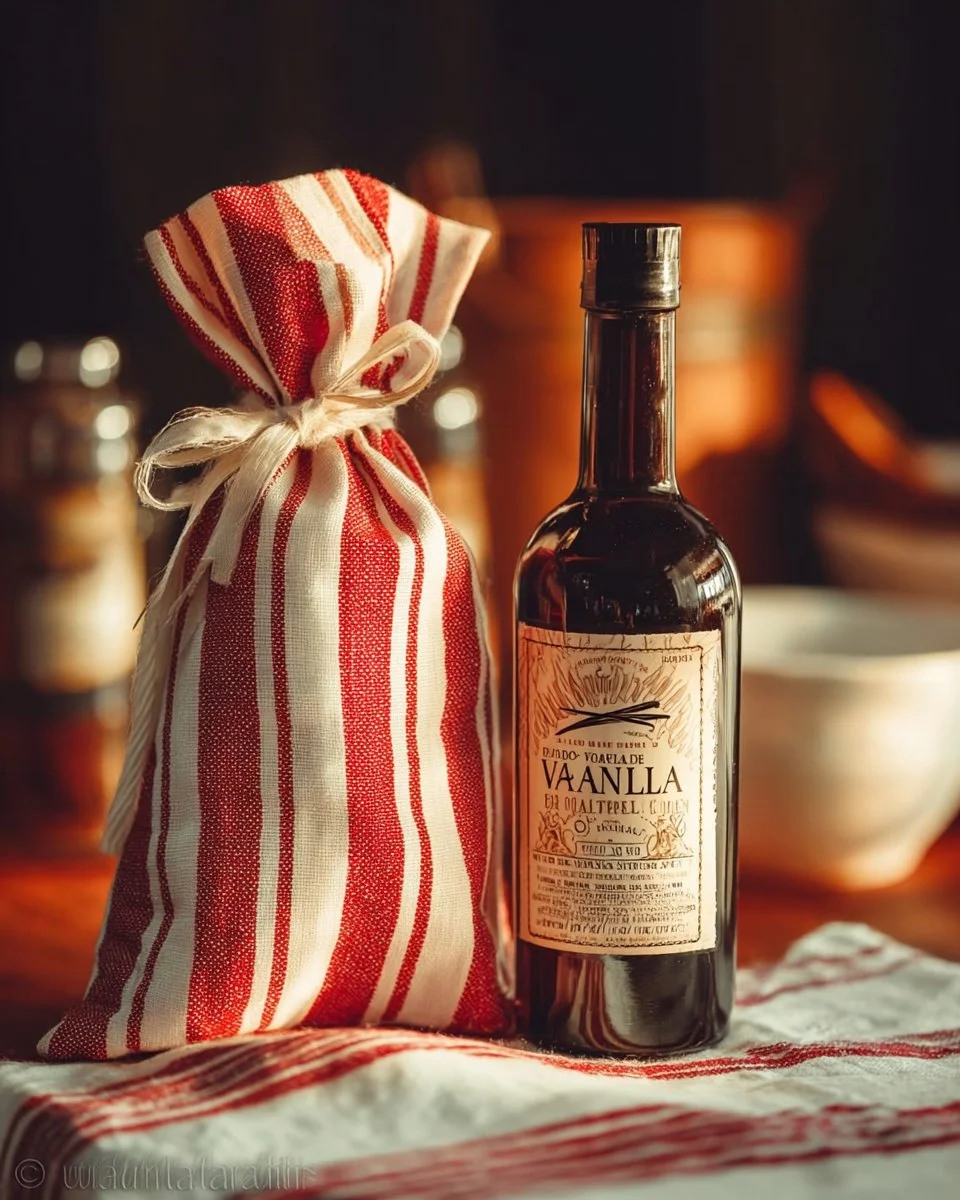Homemade vanilla extract in a glass bottle with vanilla beans