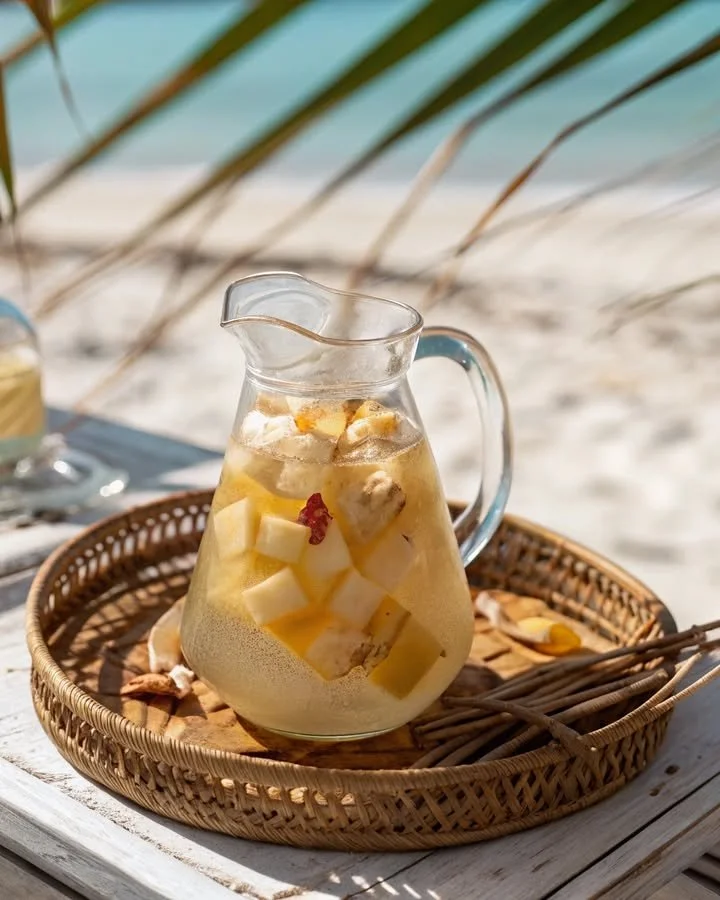 A refreshing Virgin Piña Colada Sangria served in a glass with tropical fruits.