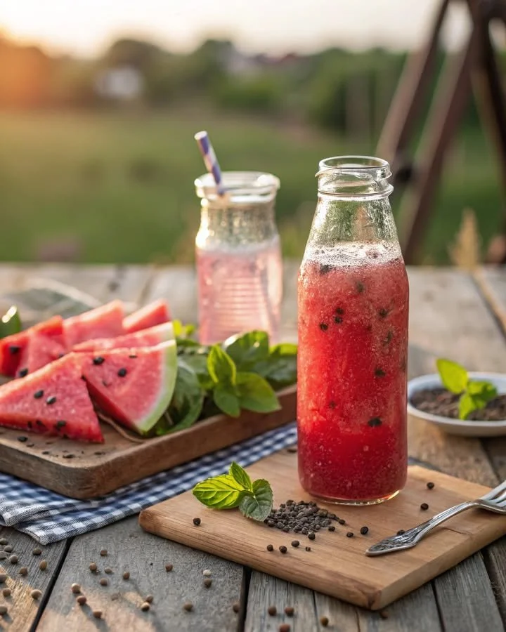 Refreshing Watermelon Basil Chia Fresca drink in a glass with basil leaves