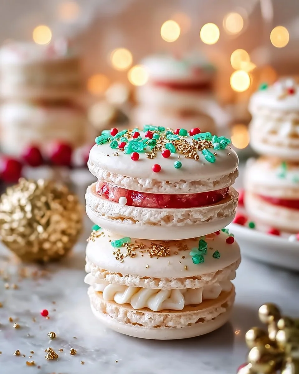 Whimsical holiday macarons with Christmas tree cake buttercream filling