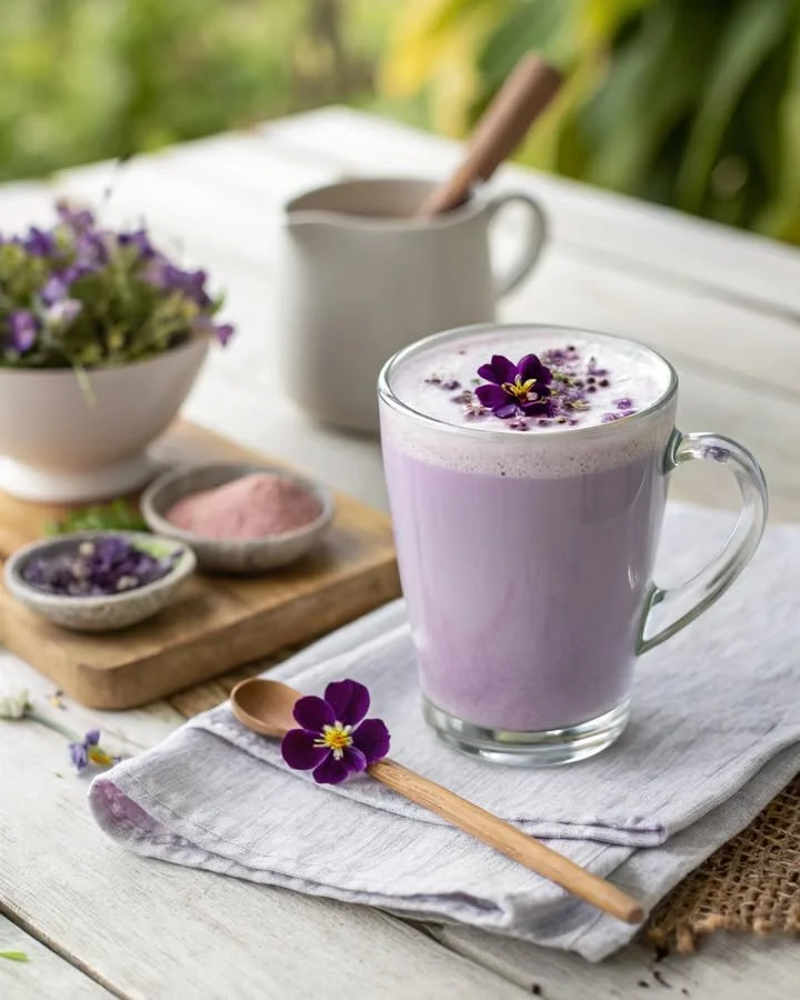 Delicious Wild Violet Coconut Latte topped with frothy coconut milk