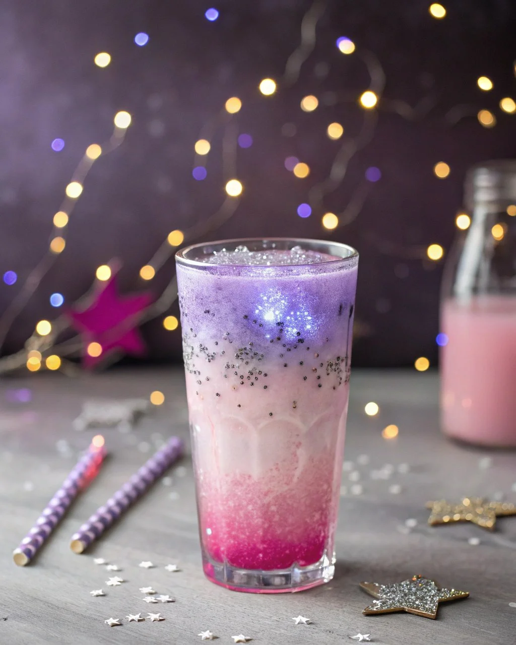 A sparkling Winter Fairy Glow Drink garnished with winter fruits and herbs