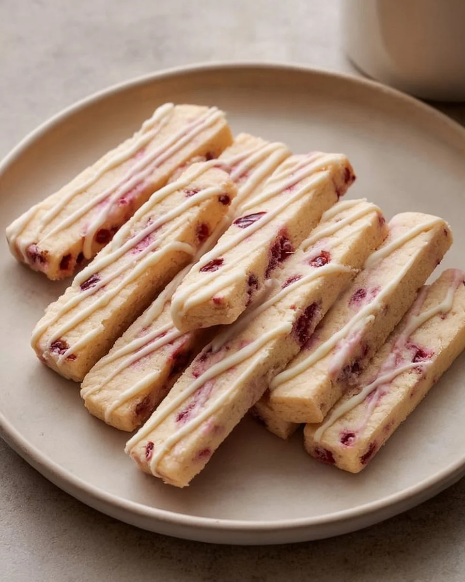 Zesty orange cranberry shortbread slices on a wooden board