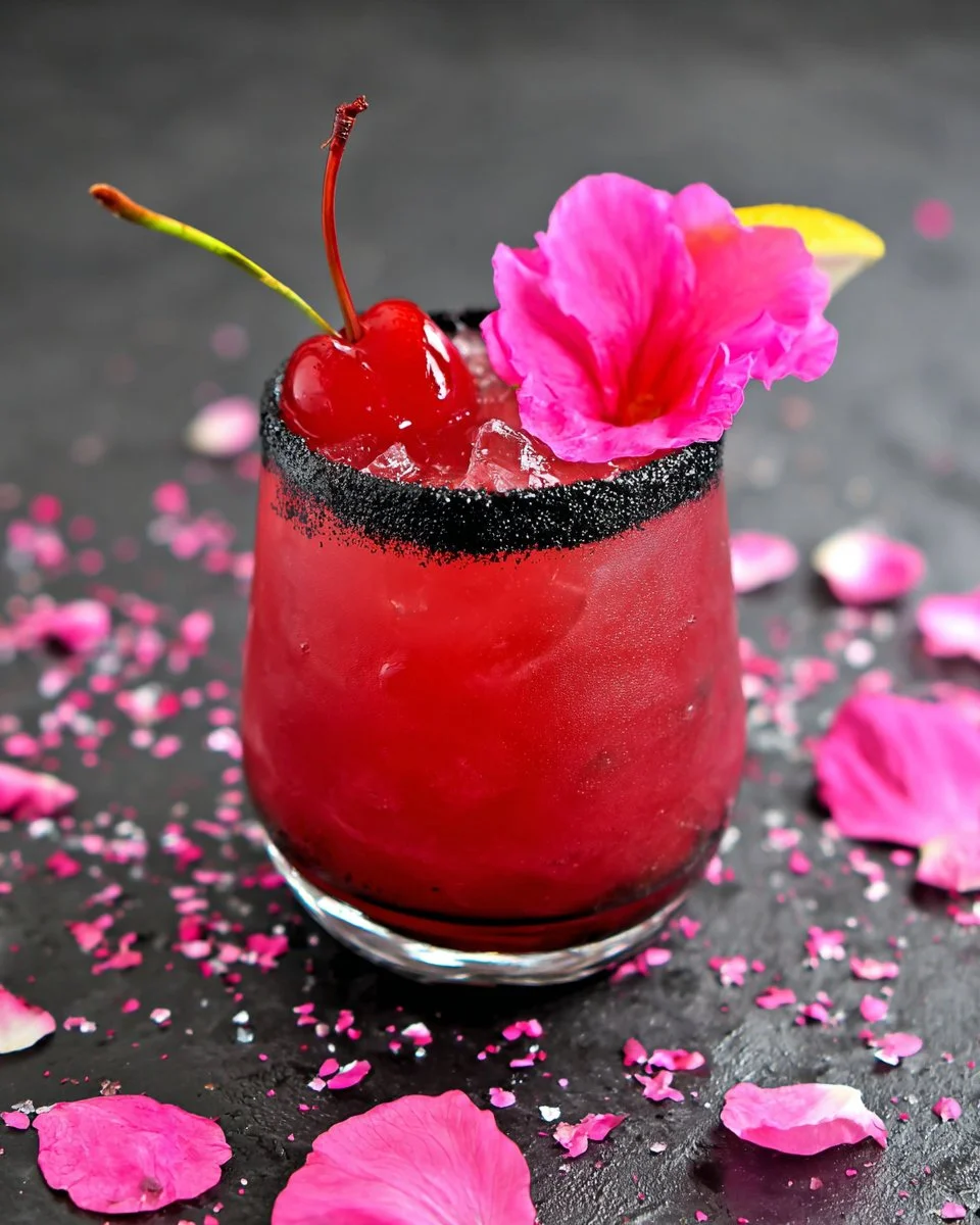 Bad Ass Barbie Cocktail in a vibrant pink glass garnish with colorful sprinkles