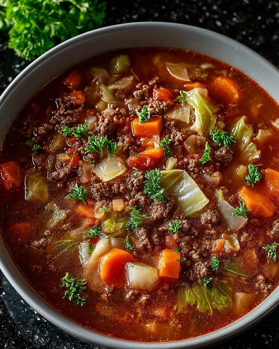 Delicious Beef Cabbage Soup in a bowl garnished with herbs