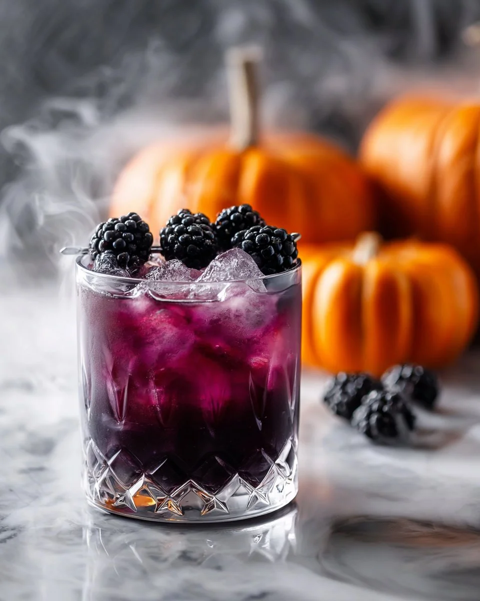 Black Cauldron Mocktail garnished with fruit and herbs, perfect for parties