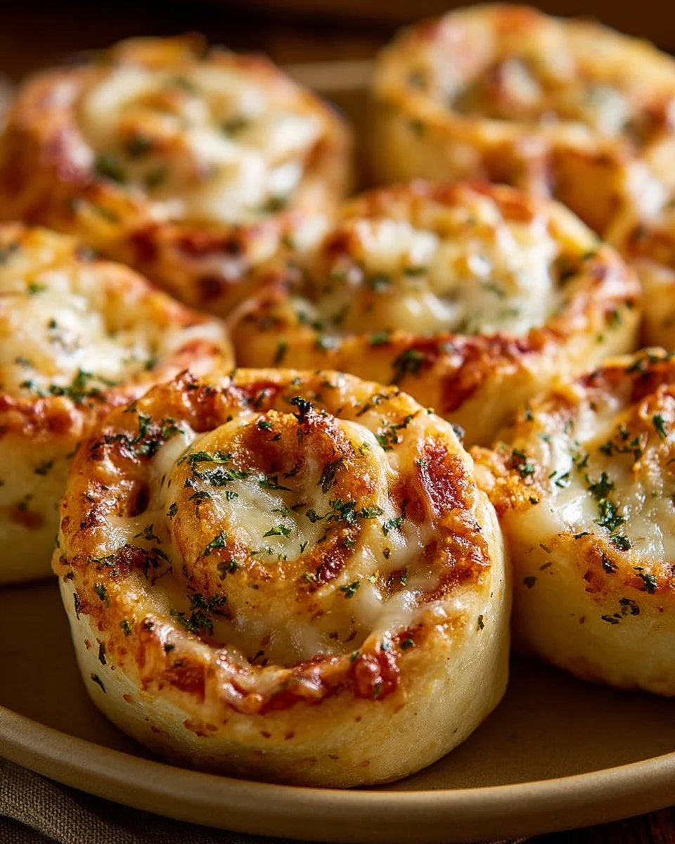 Cheesy garlic pizza pinwheels served on a plate, ready to enjoy.