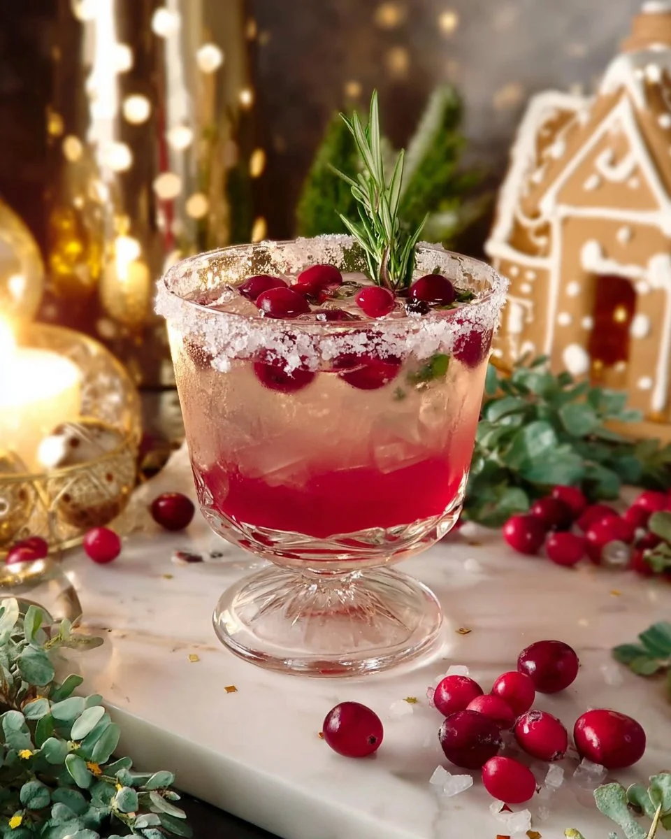 Christmas Lemon Drop Cosmo cocktail with festive garnish