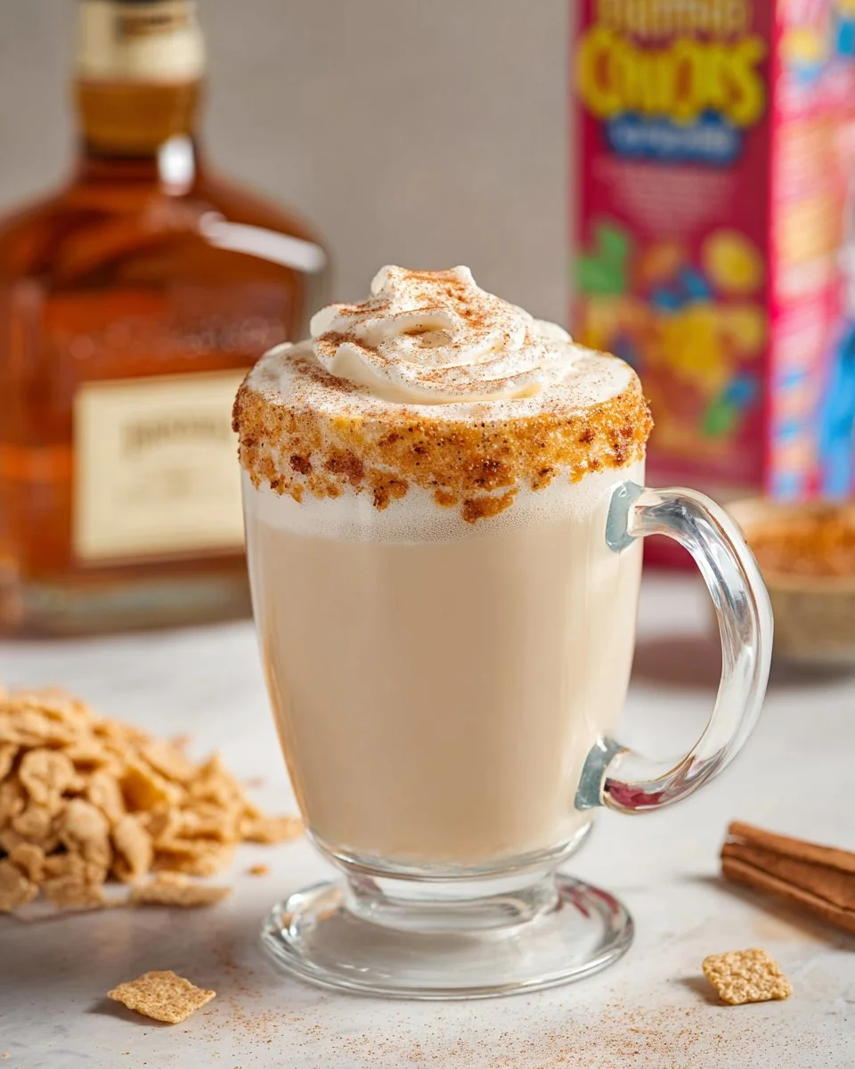 Cinnamon Toast Crunch Cocktail served in a glass with cereal garnish