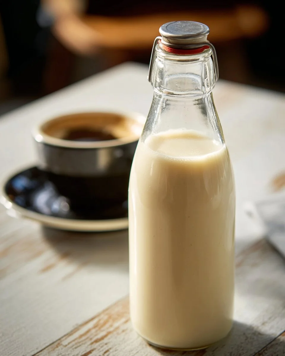 Various types of coffee creamer in a stylish jar on a kitchen counter