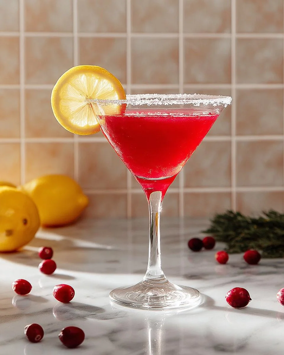 Cranberry Lemon Drop Martini cocktail served in a chilled glass with garnishes.