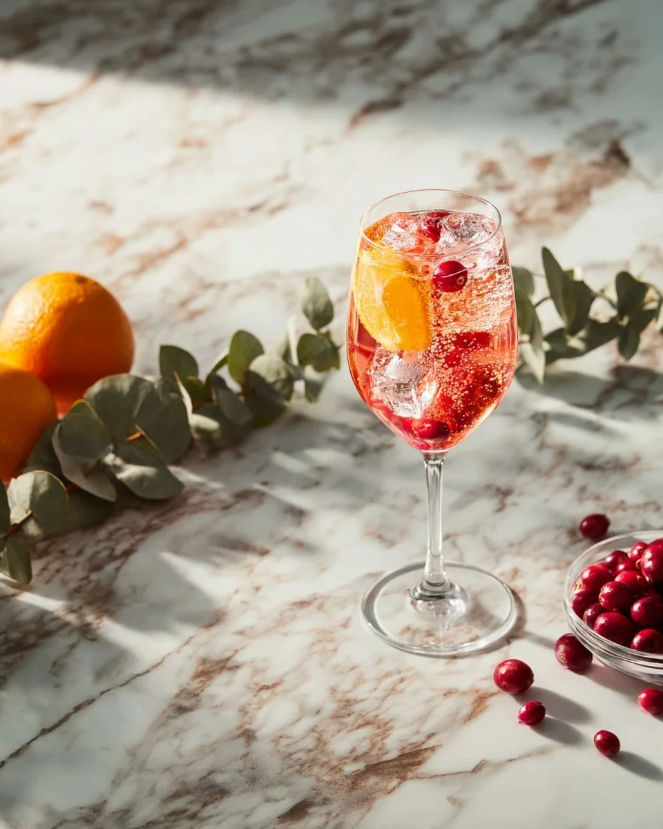 A refreshing Cranberry Spritz cocktail garnished with cranberries and mint leaves.