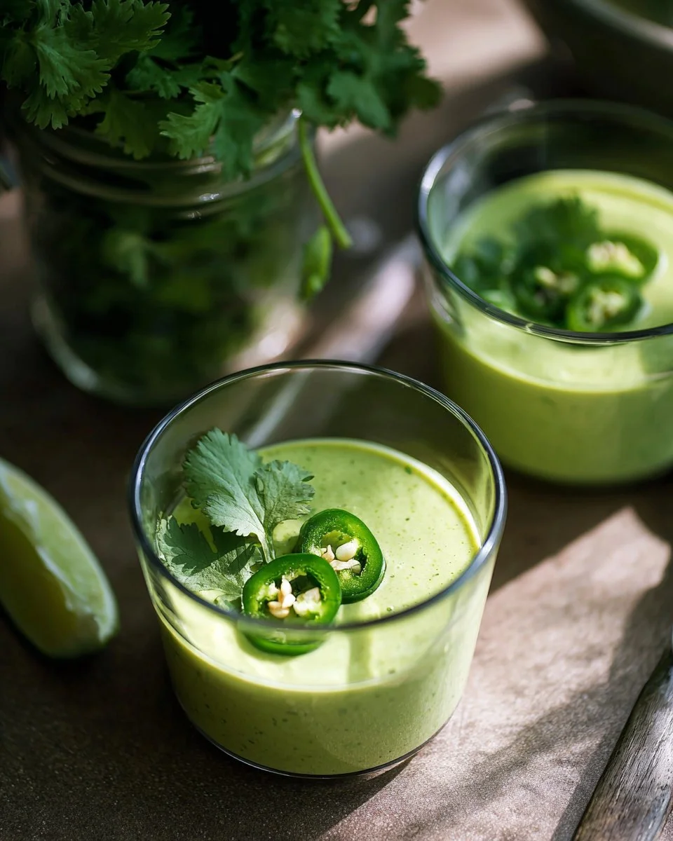 Delicious bowl of creamy jalapeno soup topped with herbs and spices