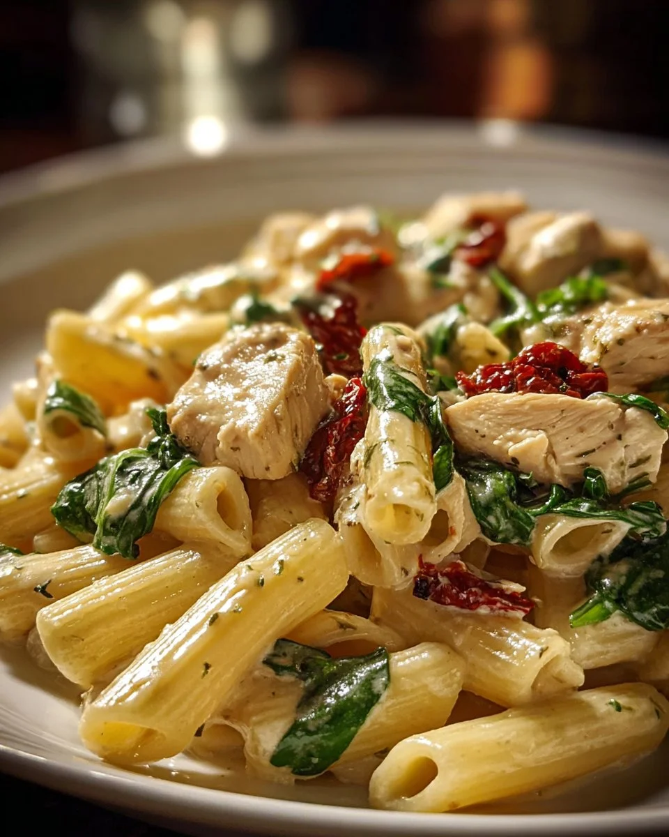 Creamy ricotta chicken pasta garnished with herbs