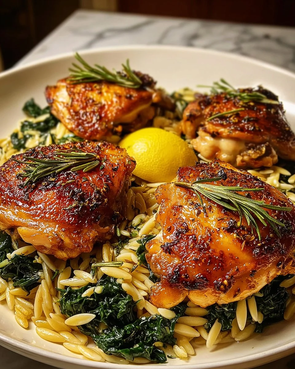 Crispy roasted rosemary chicken thighs with lemon orzo on a plate