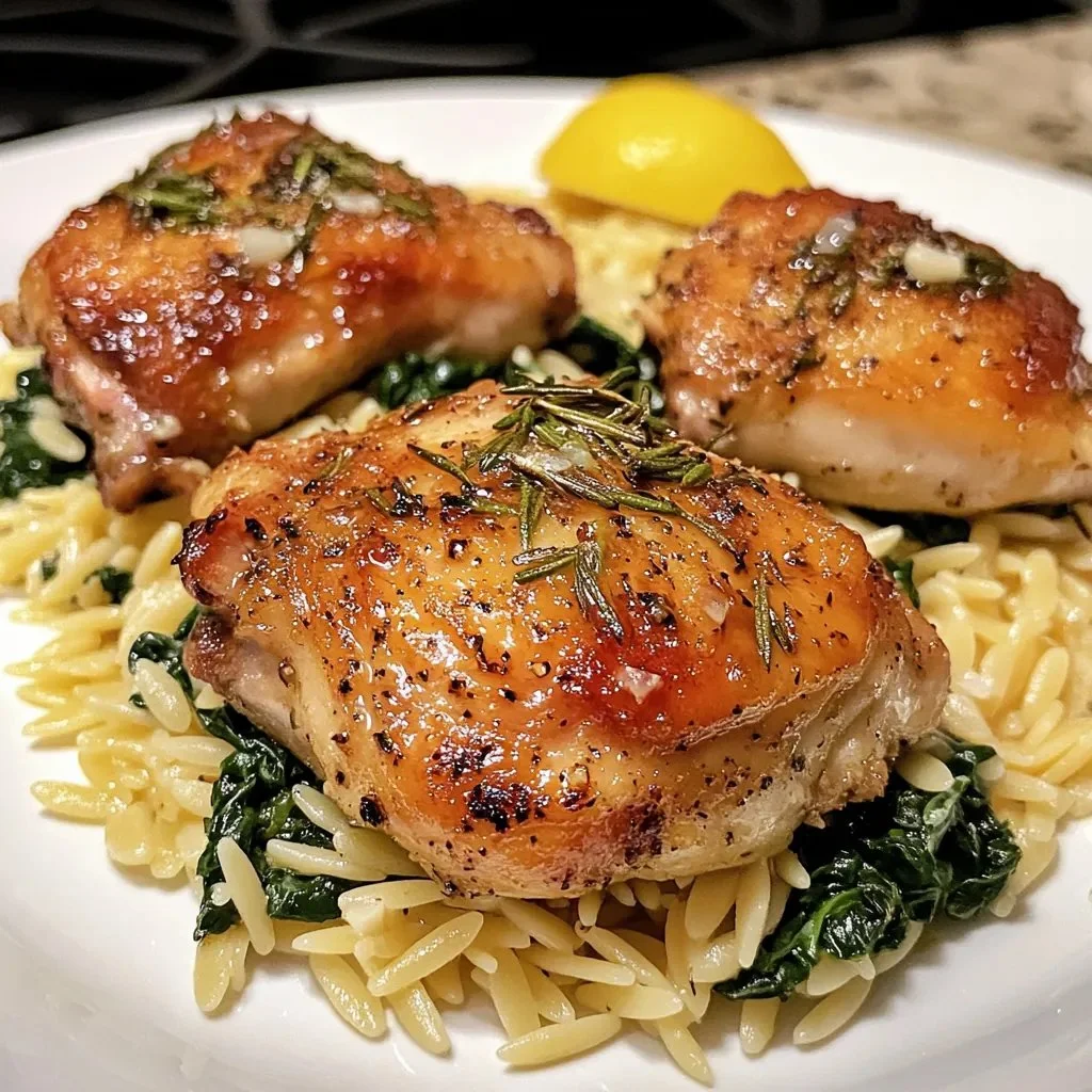 Crispy Roasted Rosemary Chicken Thighs and Spinach with Lemon Orzo