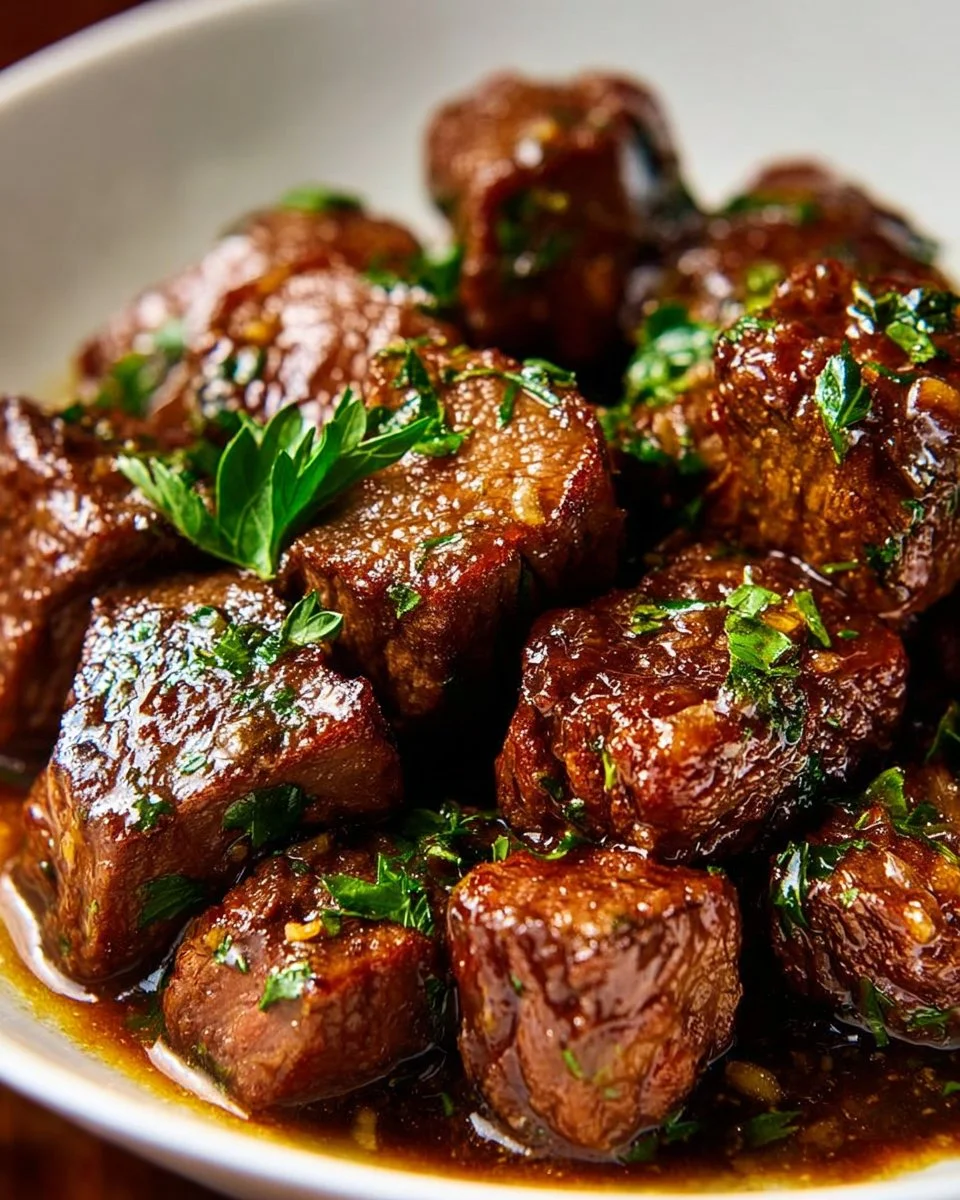 Delicious crockpot garlic butter steak bites served with herbs and spices