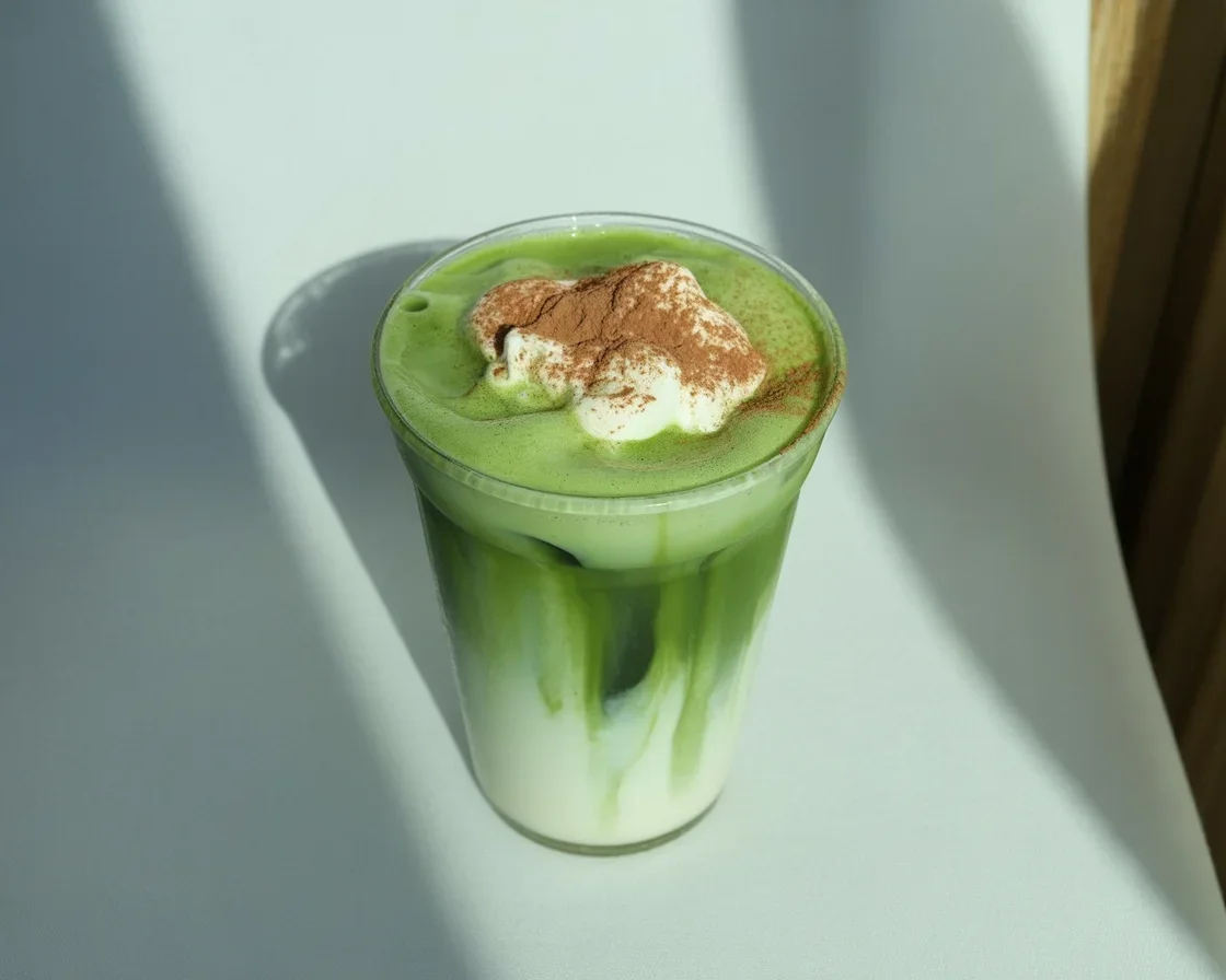 Iced Dubai Chocolate Matcha from Starbucks topped with chocolate cold foam.