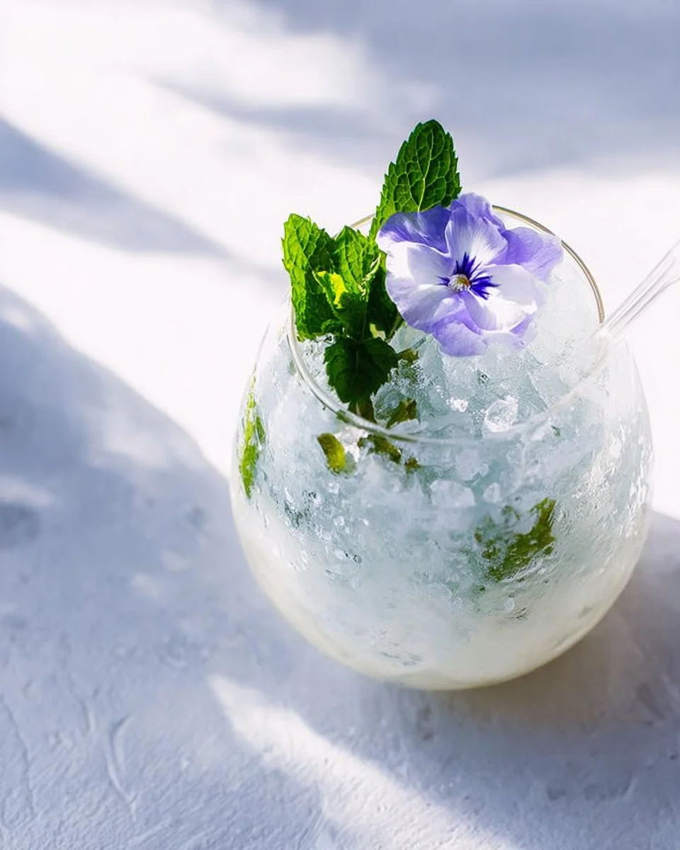 A refreshing glass of Doogh, traditional Persian yogurt soda with herbs.