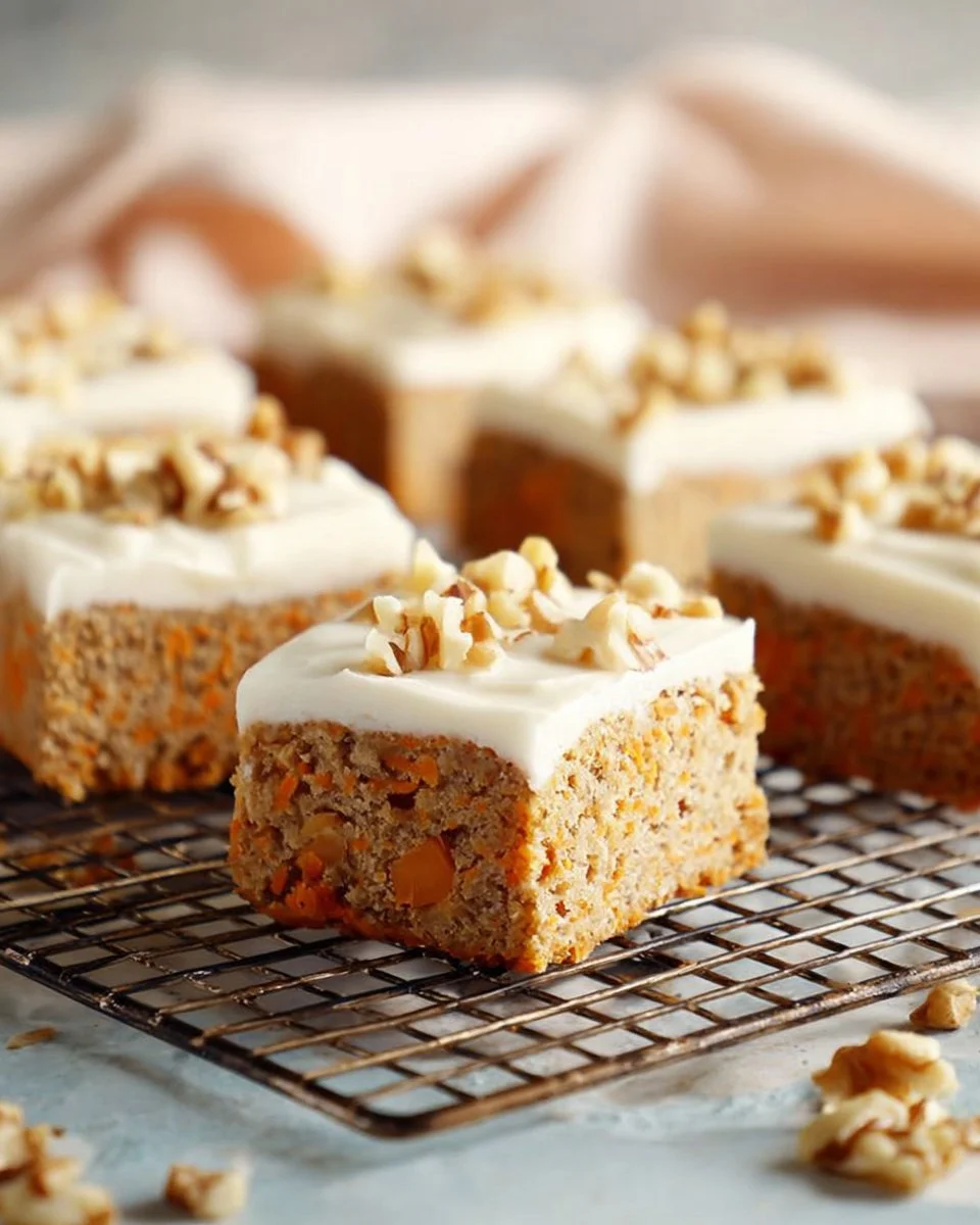 Delicious homemade easy carrot cake bars topped with cream cheese frosting.